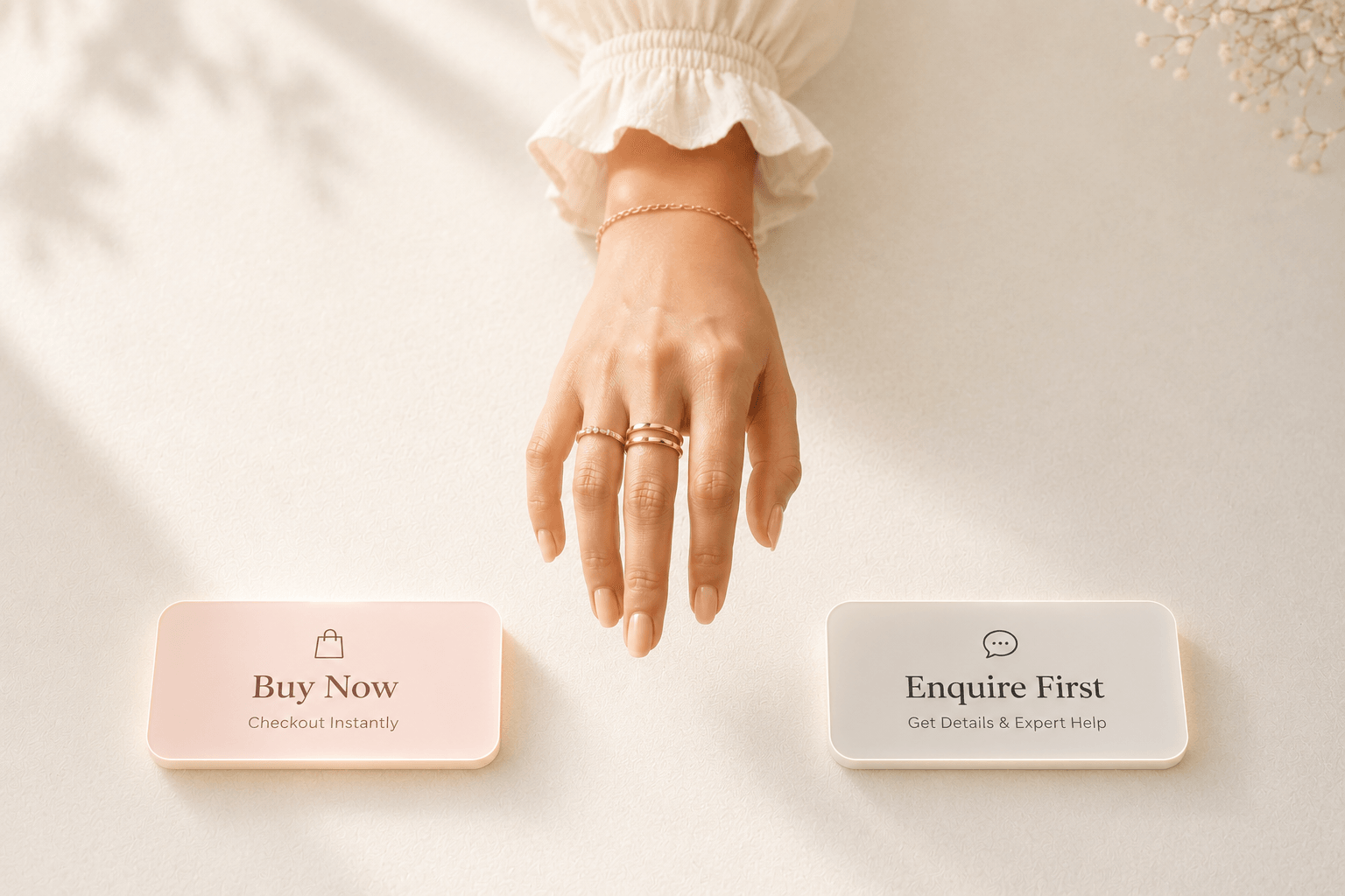 A jewellery buyer choosing between buying now online and enquiring first on a fine jewellery website