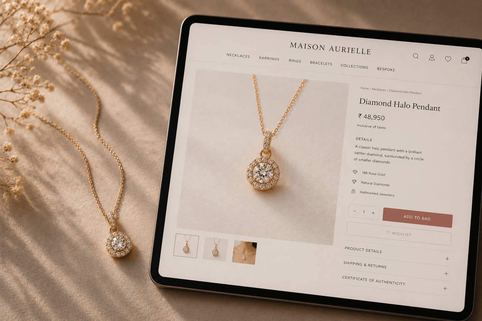 A finished fine jewellery e-commerce product page on a tablet, a diamond halo pendant priced with an add to bag button