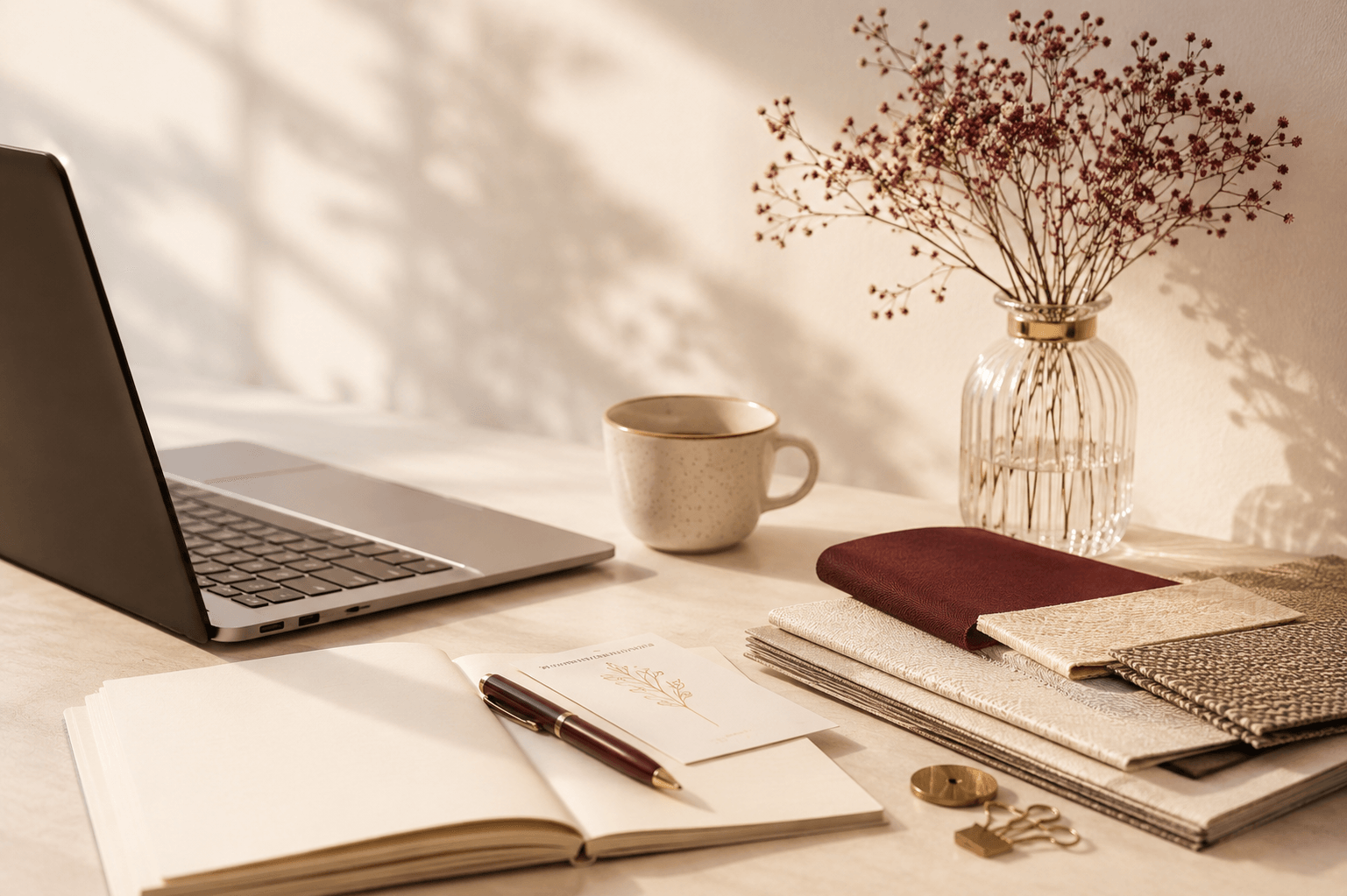 A warm desk with a laptop, open notebook and coffee — where a fine jewellery brand starts the conversation with Wire Wings