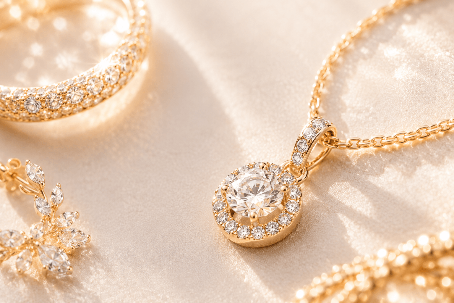 Gold and diamond jewellery arranged on cream, for a jewellery business that prices gold live as the rate moves