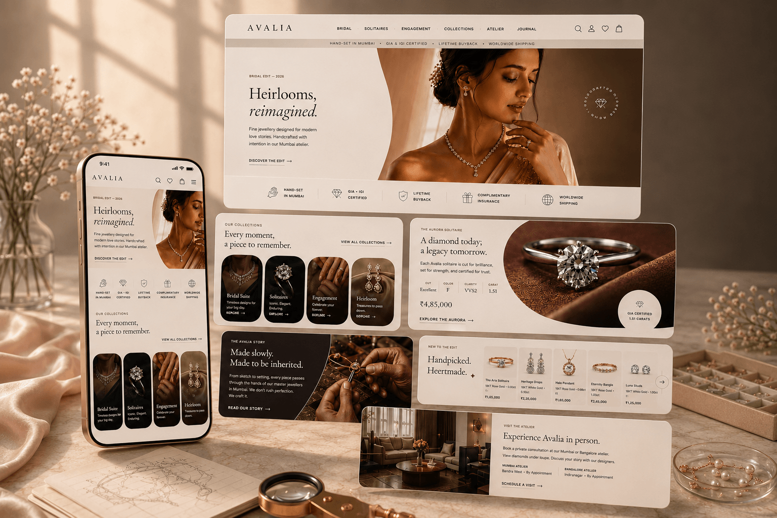 A fine jewellery online store built by Wire Wings — homepage, collection and product pages shown across desktop and mobile