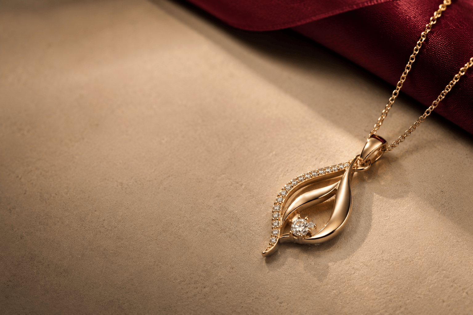 A gold and diamond pendant on garnet silk, for a Hyderabad jeweller whose store prices gold live at the day's rate
