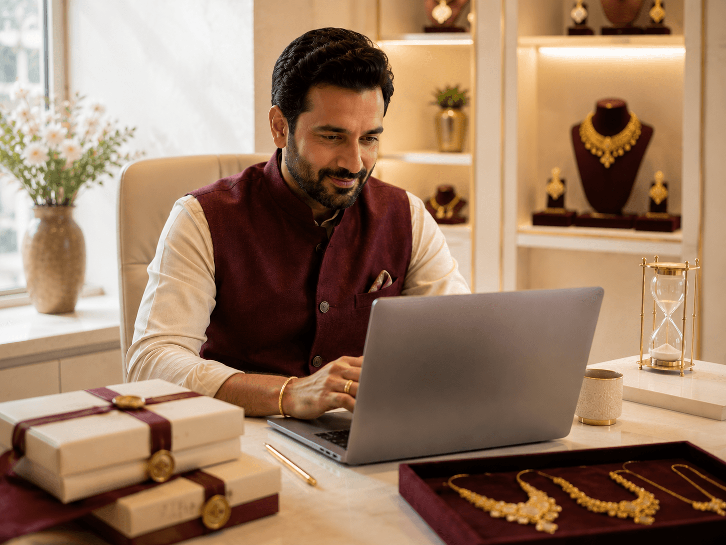 A fine jewellery brand owner growing his online store, working at his laptop with wrapped orders and gold pieces beside him
