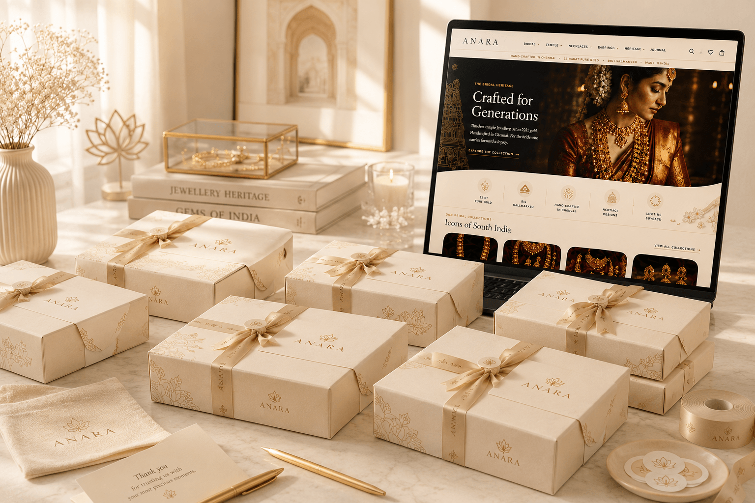 A fine jewellery online store on a laptop surrounded by branded orders packed and ready to ship