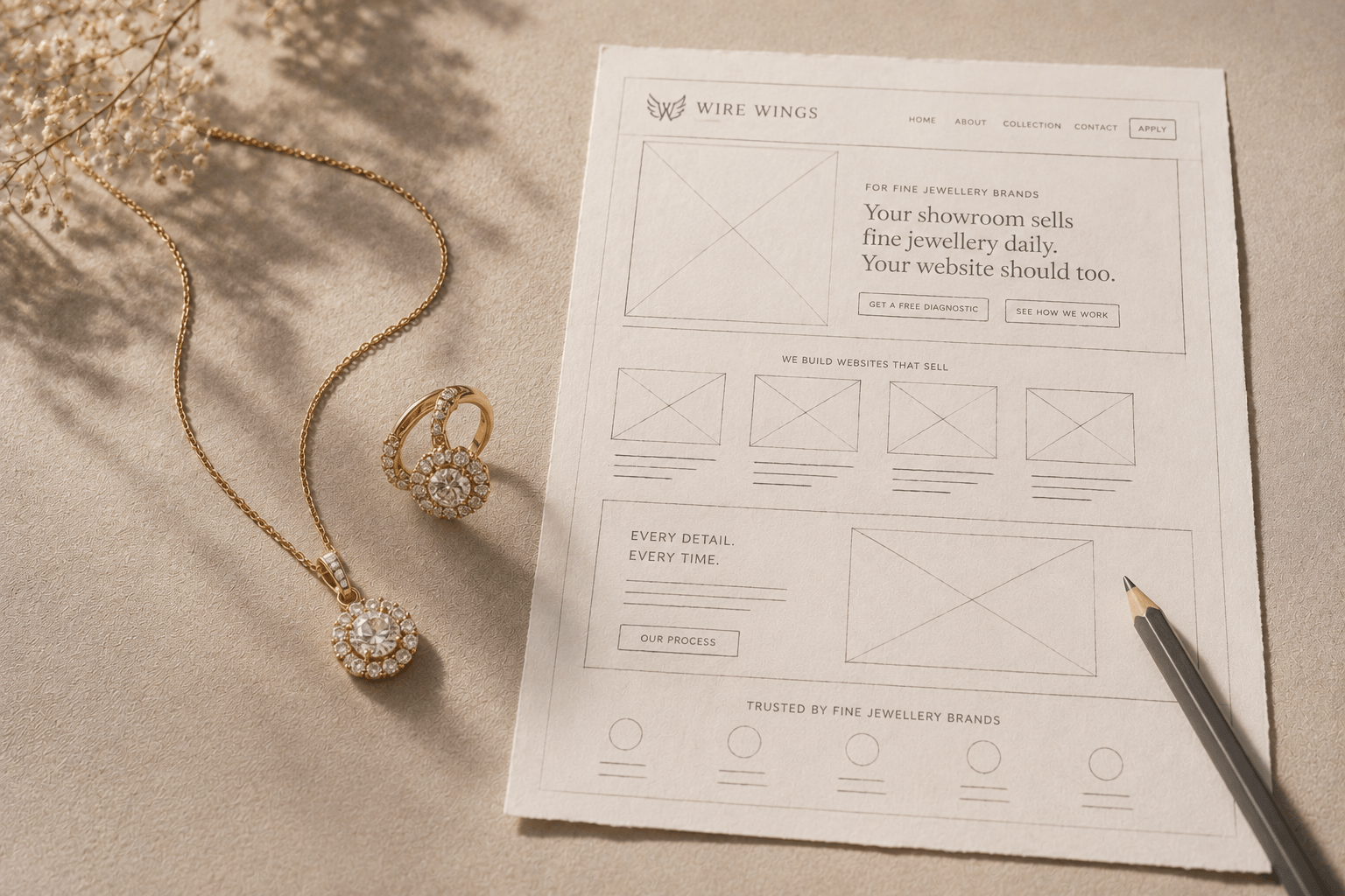 A hand-drawn wireframe of a fine jewellery website homepage on paper, used to plan the build and its cost