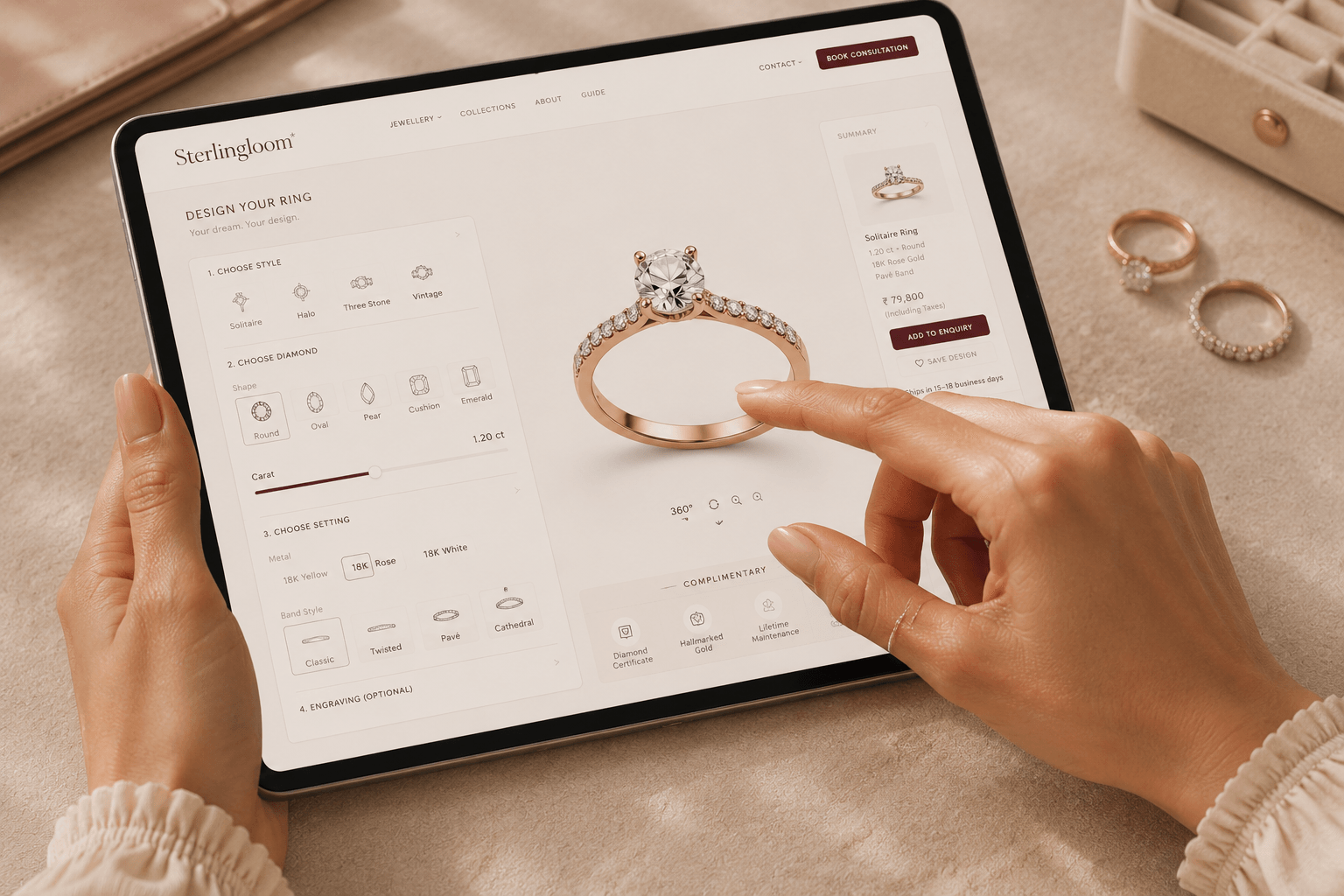 A design your ring builder on a tablet, choosing style, diamond shape and setting for a made to order piece