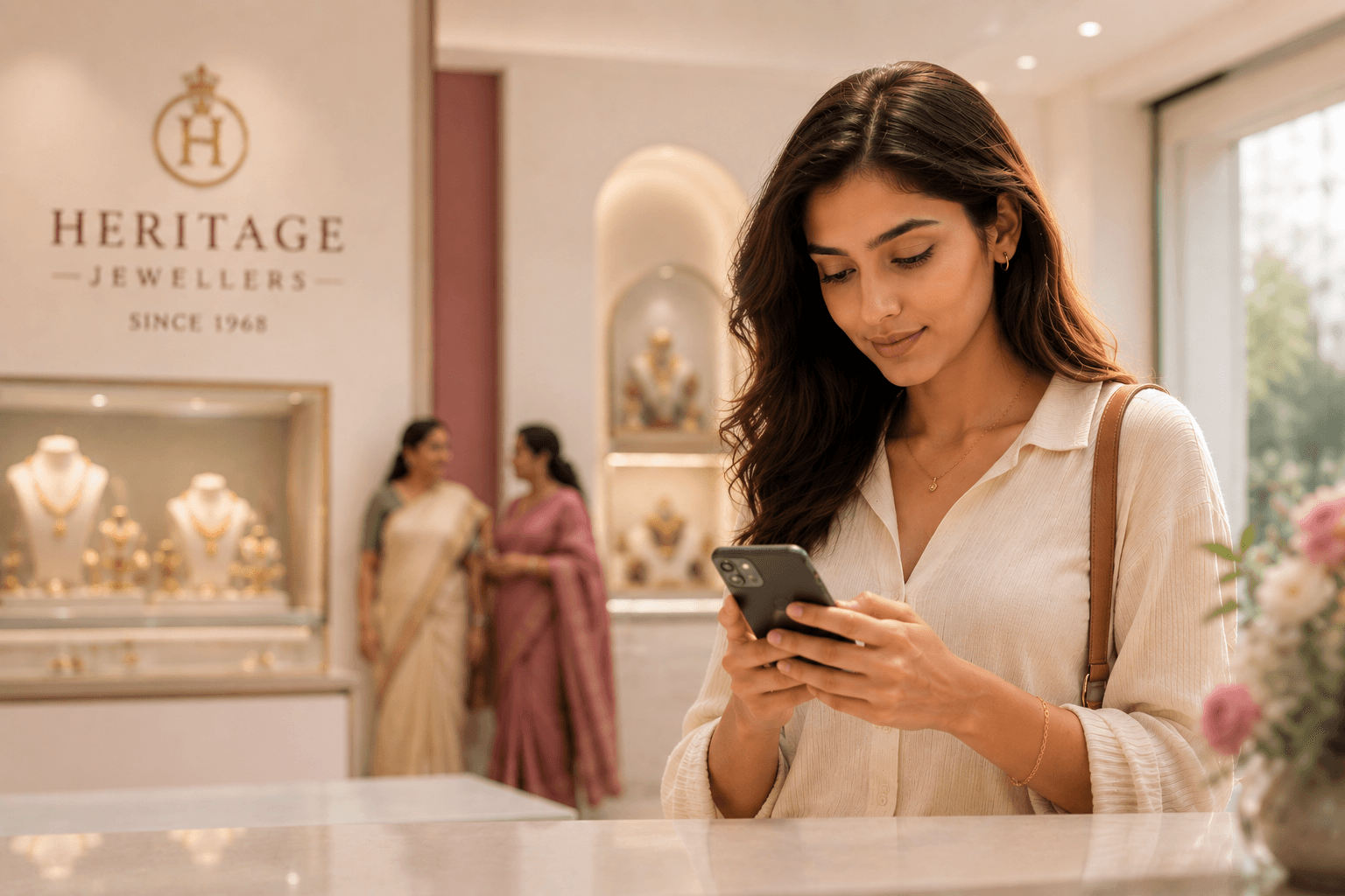 A young buyer browsing jewellery on her phone inside a heritage showroom while older customers shop the counter