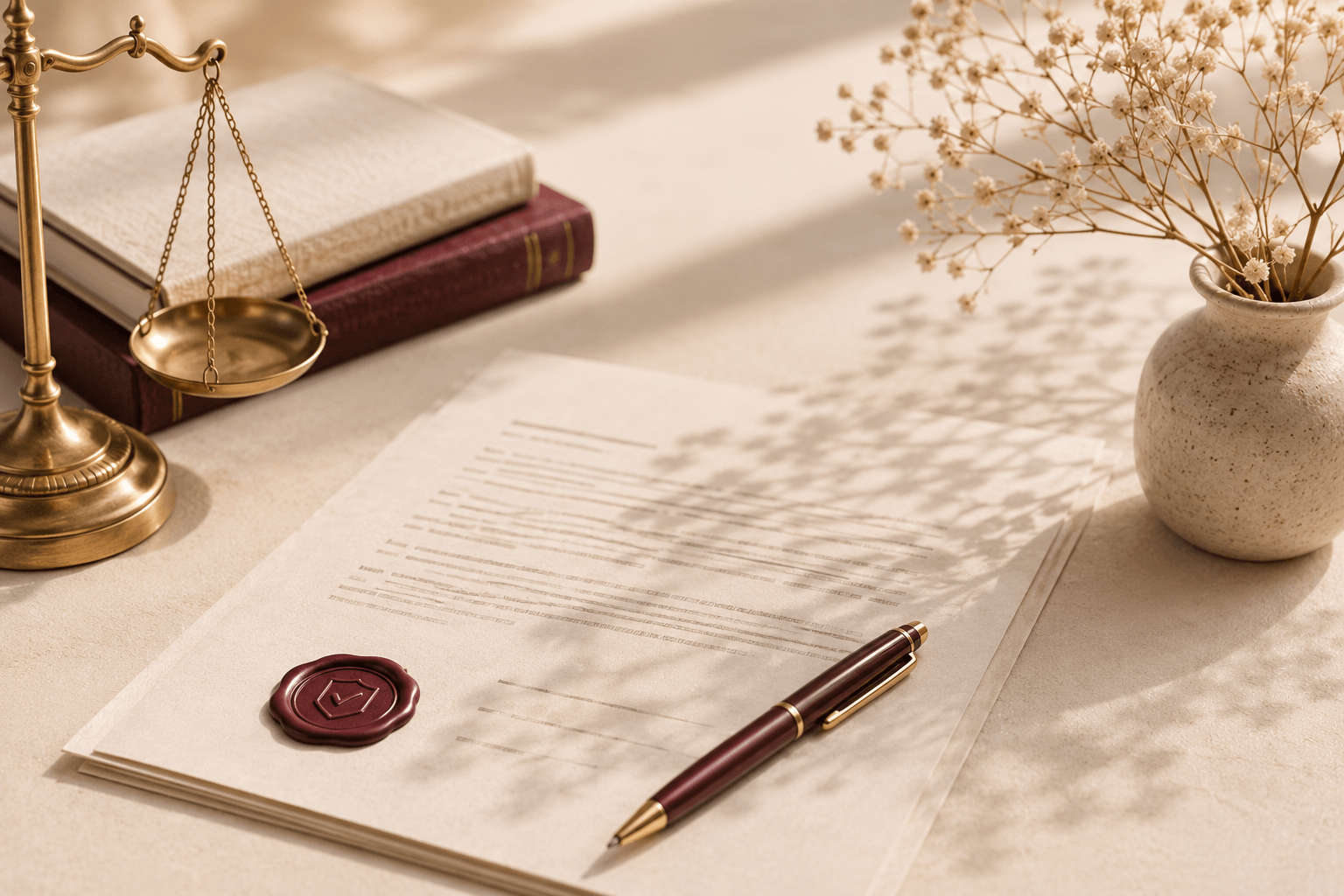 Brass scales of justice beside a wax-sealed agreement and pen — the terms that govern using the Wire Wings site